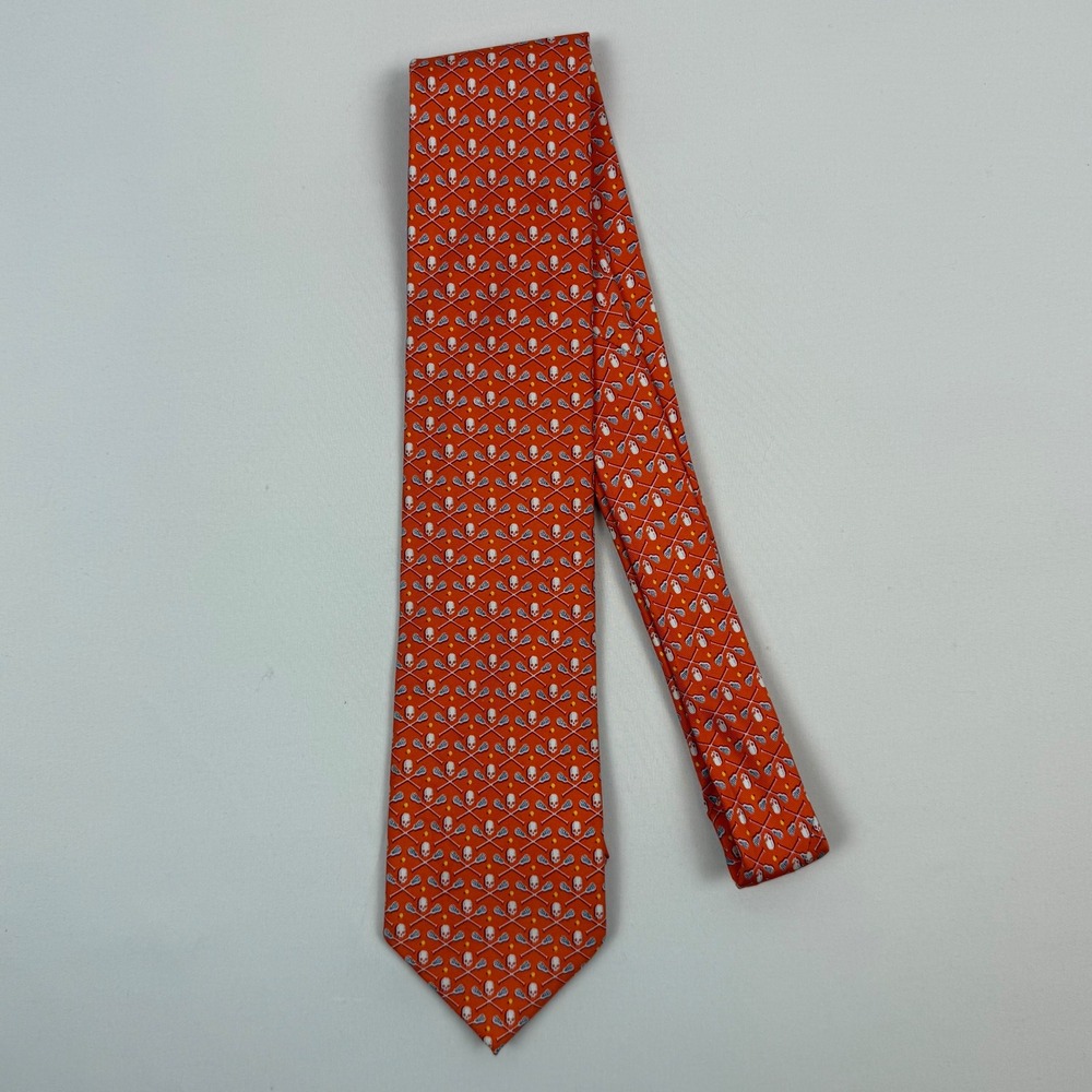 Bird Dog Bay Mens Orange Lacrosse Stick Skull Print Silk Neck Tie - Picture 3 of 7